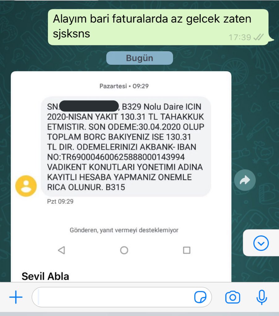 Öğrenci evinde durmuyoruz az fatura ödeyeceğiz diye bir şey almaya kalktım sonrasında gelen mesaj. Kullanmadığımız evin ısınma parası nisan ayında 130 tl geliyor