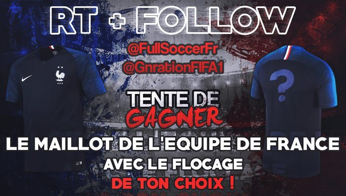 🔅Concours 2020🔅

🆕Pour clôturer la saison, nous vous proposons de gagner un maillot de l'Equipe de France!

✅Likez et Retweetez ce Tweet+Follow 
<a href="/FullSoccerFr/">FullSoccerFr</a>
 et 
<a href="/GnrationFIFA1/">Génération FIFA</a>

✍️Commentez avec le flocage que vous souhaitez pour augmenter vos chances.

🍀TAS le 05/05