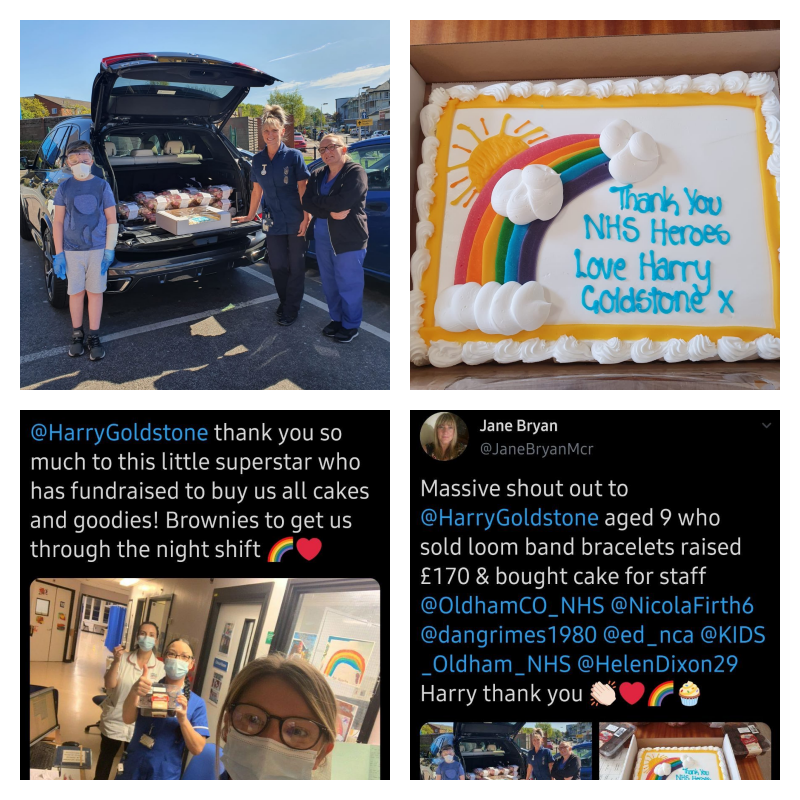 BuryGrammar's tweet photo. Harry showed his support for the #NHS and decided to make colourful loom bands last week to sell. The money he raised was used to buy 720 donuts, brownies and a cake for staff at Royal Oldham Hospital. We are all extremely proud of you!🌈@OldhamCO_NHS #COVID-19 #Burygrammarschool https://t.co/YYKbKcMdiR