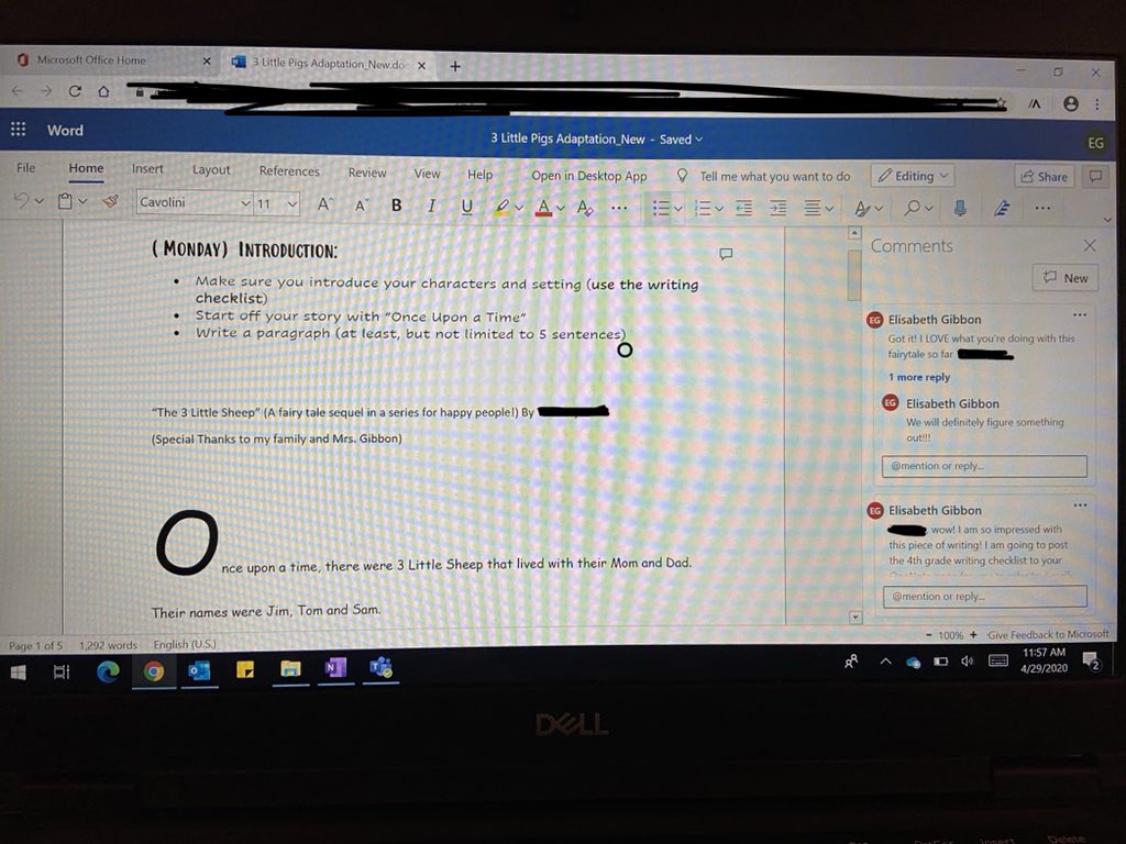 MrsGibbonESE's tweet photo. One positive thing about distance learning is having the time to give meaningful feedback to all writers on a daily basis! Love that my writers are so excited about their fairytale adaptations! Also love that this writer added in some flair to his O in Once upon a time!❤️ https://t.co/wwbOpceSE3