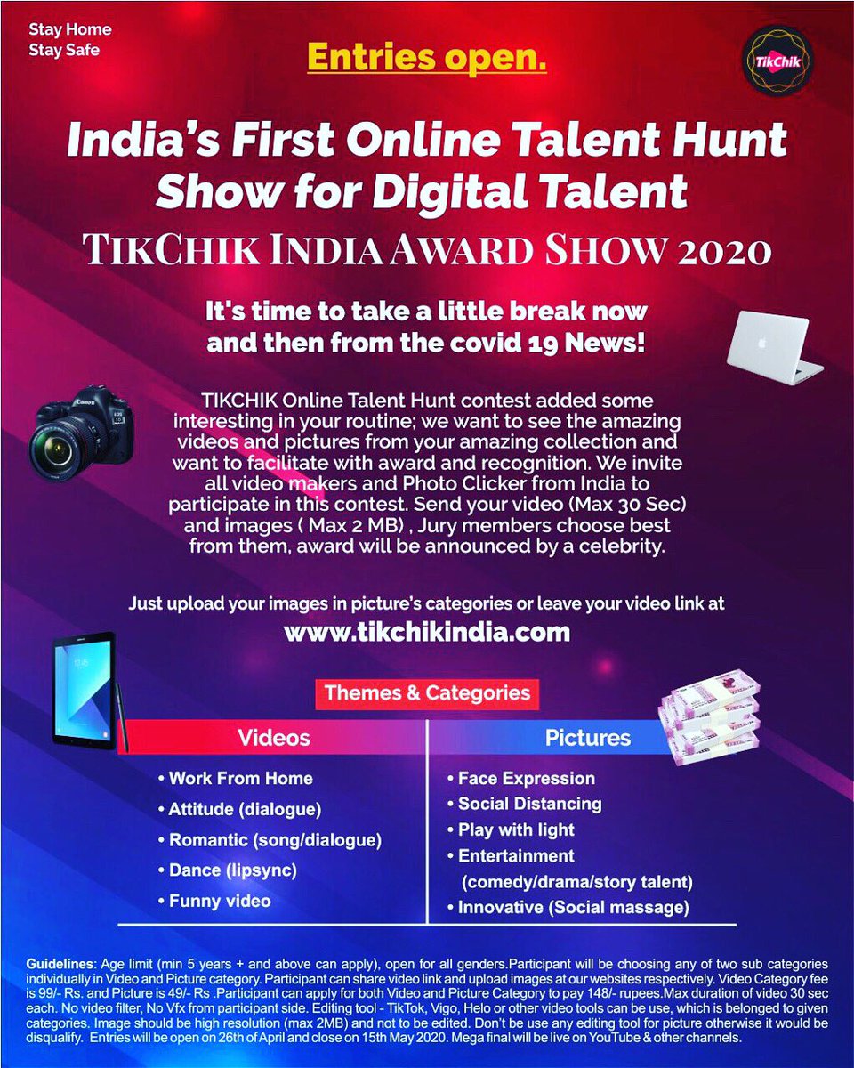 Win Attractive Prizes!

Participate and Share your videos and pictures....

tikchikindia.com

#prize #contestalert #talent #show #india #staysafe #stayhome #lockdown #tiktokindia #instagram #instaphoto #instavideo #instatalent #indiantalent #photography #videography #foru