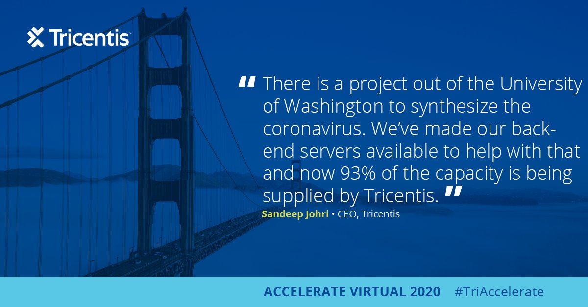Tricentis's tweet photo. "There is a project out of the University of Washington to synthesize the #coronavirus. We’ve made our back-end servers available to help with that and now 93% of the capacity is being supplied by Tricentis." - @sandeepjohri #TriAccelerate https://t.co/txoR0Z4i0G