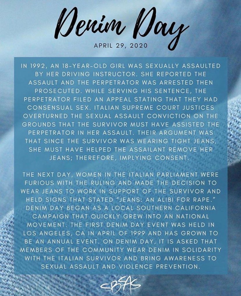 CedarParkPD's tweet photo. Today is #DenimDay where we stand with victims of sexual violence.

👖Wear jeans with a purpose today.
👖Support Survivors. 
👖Educate others. 
👖Clothing is NOT consent. 

If you or a loved one has been a victim, call a crisis hotline: 📞 800.656.HOPE https://t.co/XK4GUNgSmo