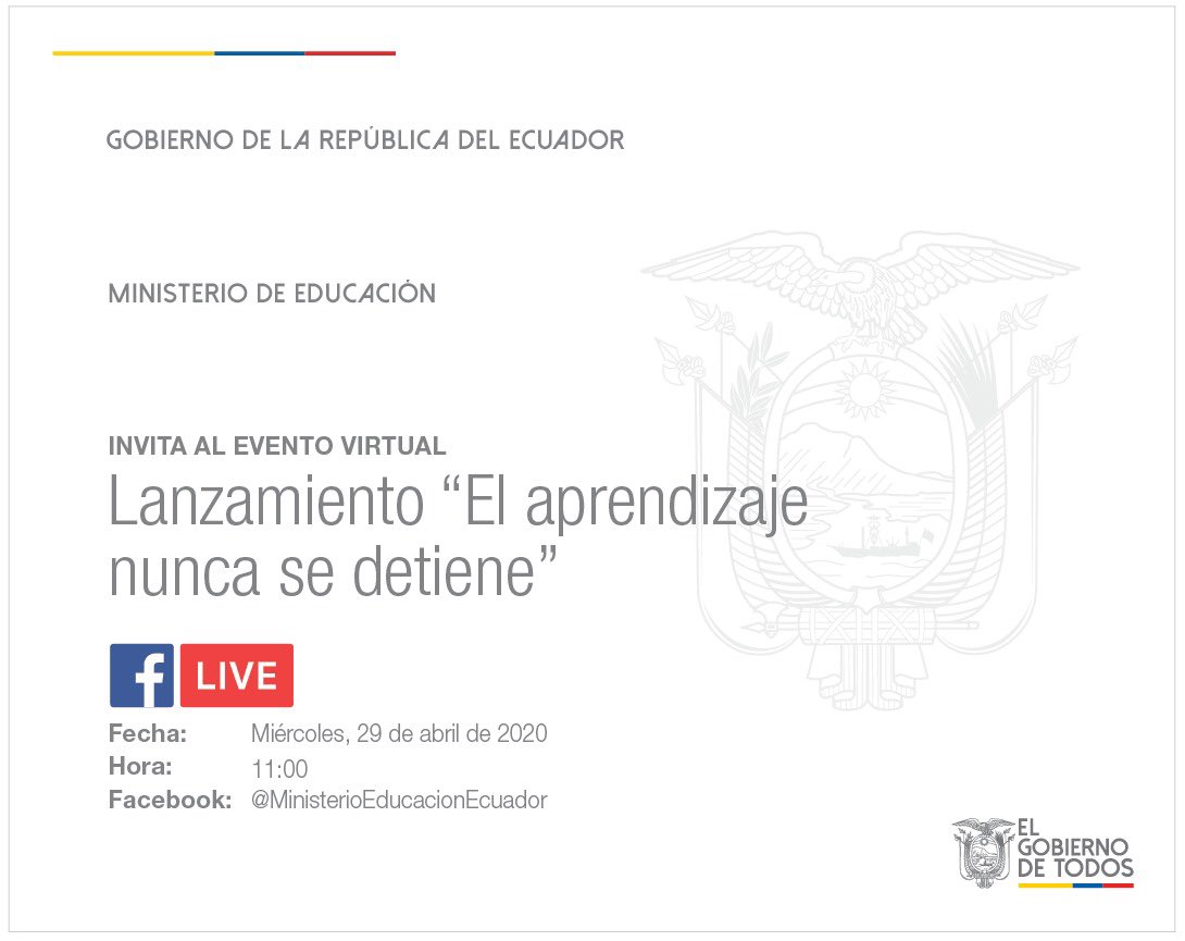 Educacion_Ec's tweet photo. [EN VIVO] Sigue el lanzamiento “El aprendizaje nunca se detiene” por Facebook Live, en coordinación con @Cisco_LA y @EdutecEcuador, con el objetivo de capacitar a docentes para desarrollar sus destrezas tecnológicas. #RevalorizaciónDocente ➡️ https://t.co/5vhsQE0kD8 https://t.co/Qn8a6jDWTU