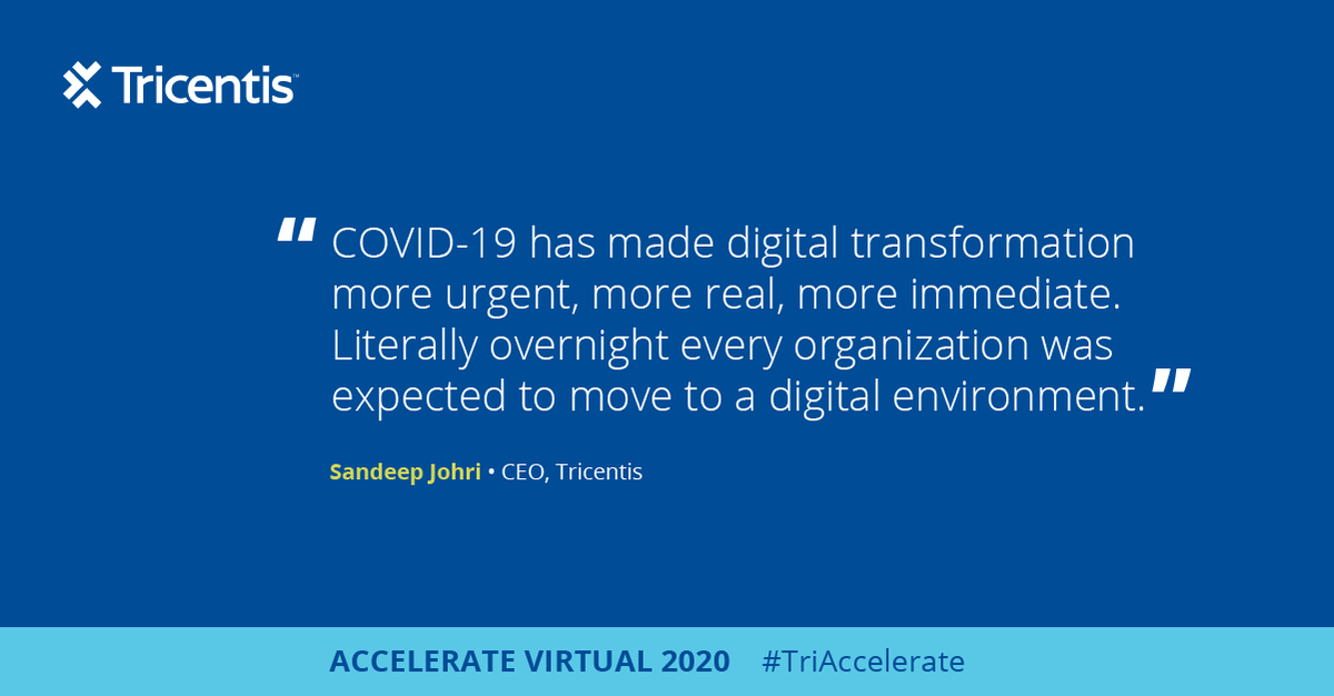 Tricentis's tweet photo. "#COVID-19 has made digital transformation more urgent, more real, more immediate. Literally overnight every organization was expected to move to a digital environment." - @sandeepjohri #TriAccelerate https://t.co/Hf9VMXURgW