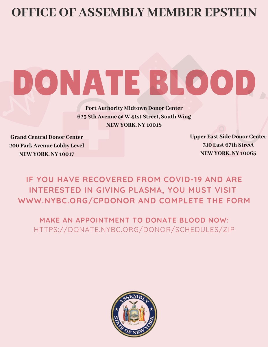 HarveyforNY's tweet photo. We urge the healthy, eligible individuals who are feeling well to give blood and platelets. This helps maintain a sufficient blood supply and prevent shortages as coronavirus continues to affect our city. https://t.co/NvM8JVDuoP