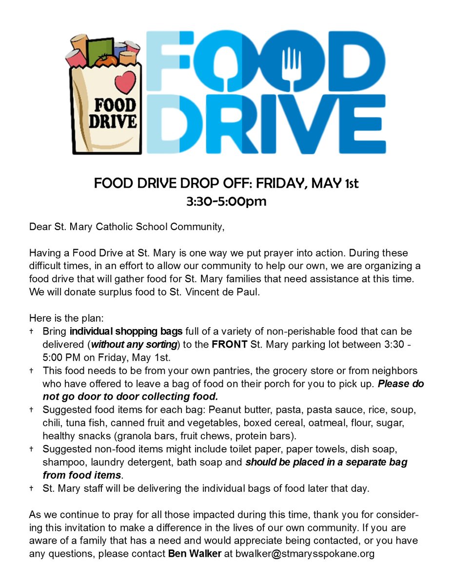 Don't forget, FOOD DRIVE, Friday, May 1, 3:30-5pm at St. Mary Catholic School.  Please do NOT get out of your cars, our staff will come get it from you.