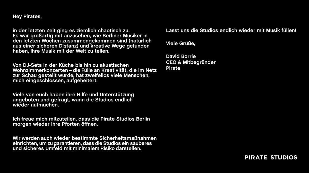 Eine Ankündigung, die unsere Studios betrifft: Wir können es kaum abwarten, euch wiederzusehen! Klickt hier für mehr Infos: bit.ly/PirateBerlinOp…