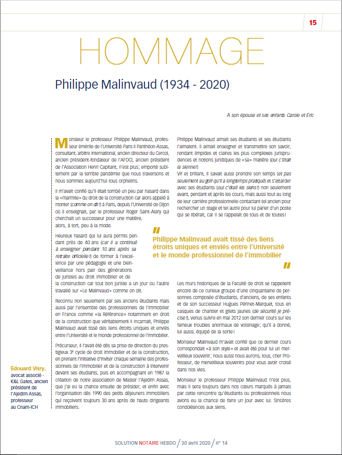 SolNotHebdo's tweet photo. « Philippe #Malinvaud avait tissé des liens étroits uniques et enviés entre l’Université et le monde professionnel de l’immobilier » : retrouvez l'hommage d' @EdouardVitry à Philippe Malinvaud dans SNH 14/20 https://t.co/zdU7JEv8U9