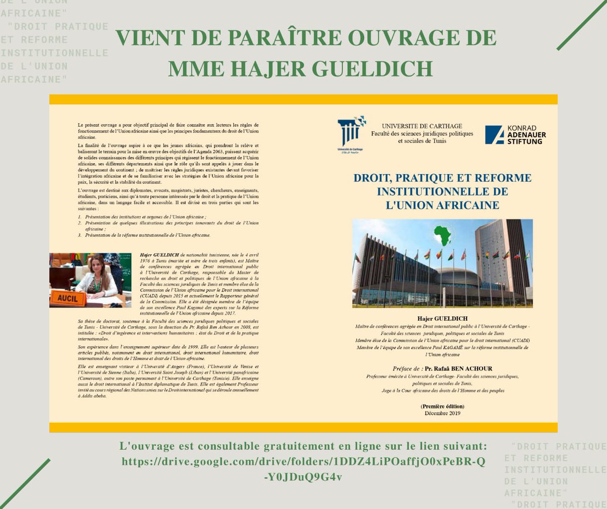 J'ai l'honneur de partager avec vous ma dernière publication.  Un ouvrage intitulé "Droit, pratique et reforme institutionnelle de l'Union africaine".. Vous pouvez le consulter gratuitement, dans son intégralité, sur le lien suivant: drive.google.com/drive/folders/…
