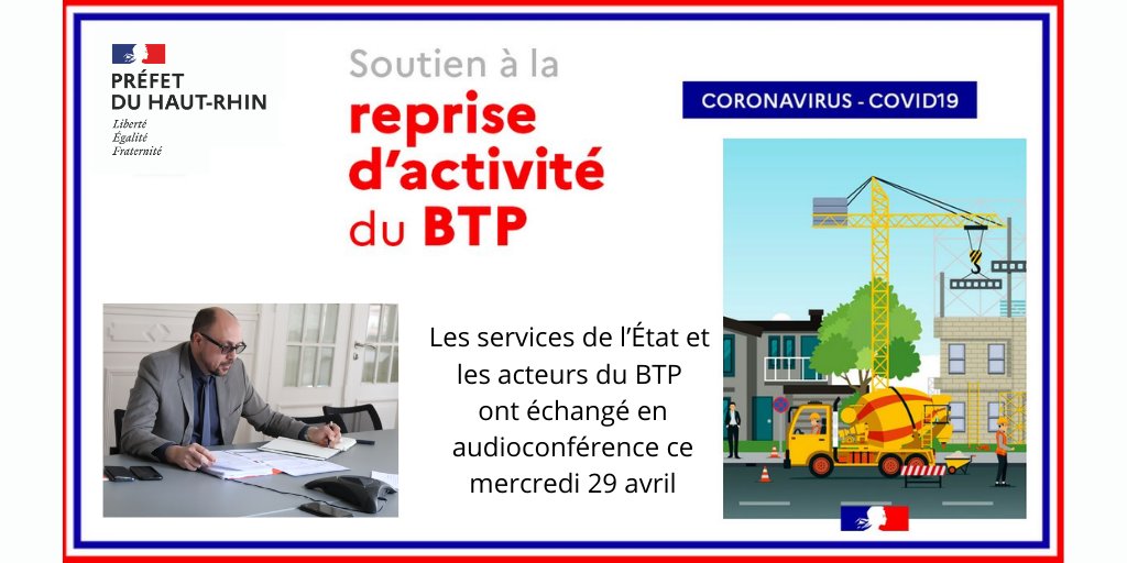 [#COVID19  #Economie]
Réunion en audioconférence des services de l’État et des professionnels du #BTP consacrée à la relance des chantiers dans le #HautRhin
👉Echange avec les acteurs locaux du secteur du BTP sur la mise en œuvre des bonnes pratiques pr une reprise de l'activité