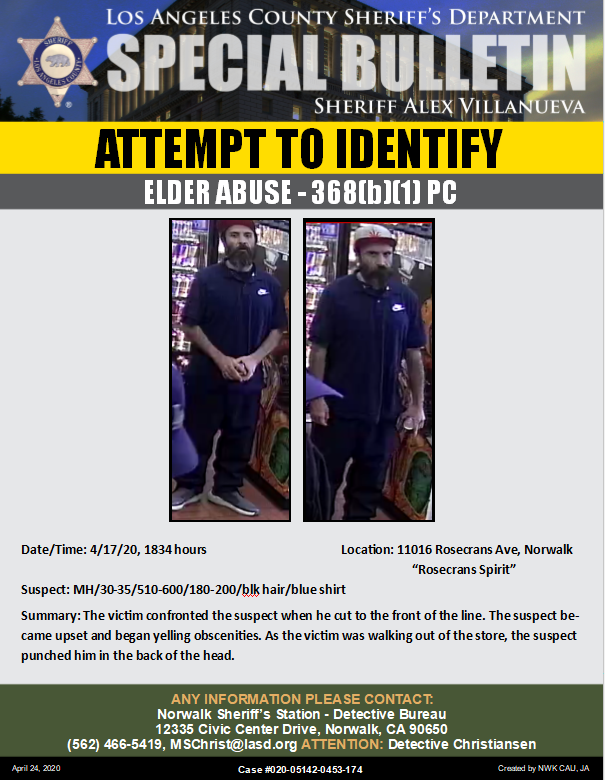 NorwalkLASD's tweet photo. This suspect assaulted an elderly victim at #RosecransSpirit in #Norwalk over a small confrontation. Help us identify the suspect and bring him to justice! #LASD https://t.co/SMwVIYyyof
