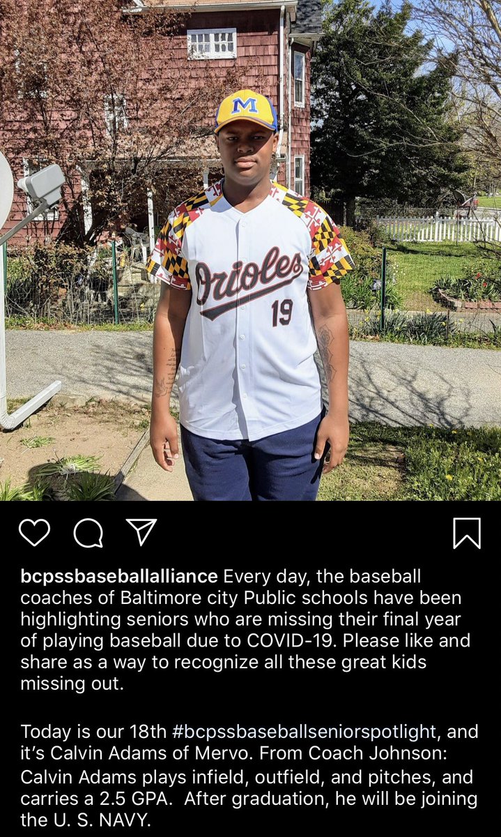 BCPSSBaseball's tweet photo. Every day, the baseball coaches of Baltimore city Public schools have been highlighting seniors who are missing their final year of playing baseball due to COVID-19.

Today is our 18th #bcpssbaseballseniorspotlight, and it’s Calvin Adams of Mervo. From Coach Johnson: https://t.co/W8gHux5SY2