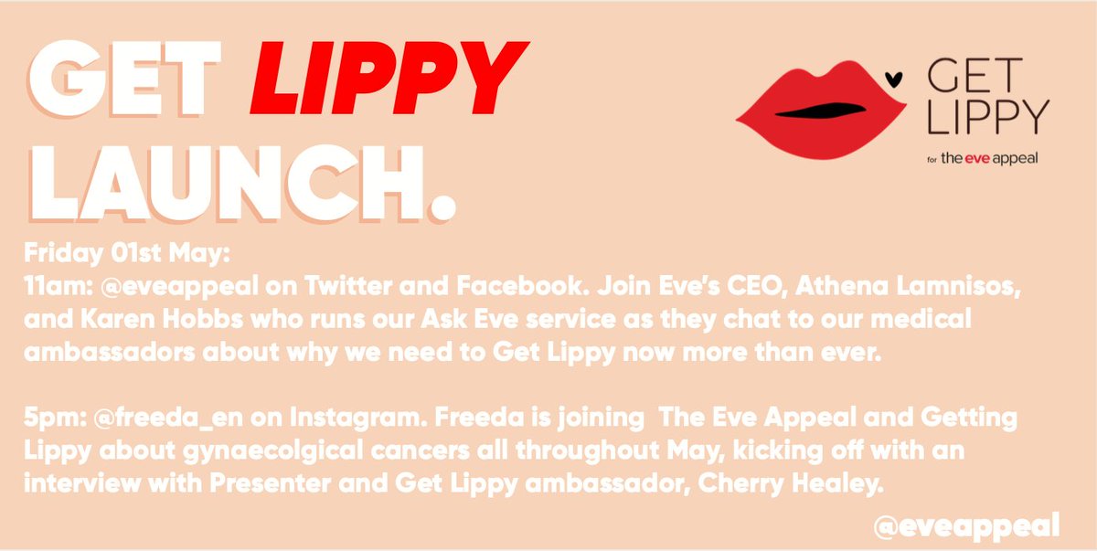 eveappeal's tweet photo. (1/3) Join us live on our Facebook and Twitter @eveappeal for our Get Lippy Launch event at 11am Friday morning with our CEO @athenalamnisos1, #AskEve's own @karen_hobbs and special guests @cherryhealey, @DrNaomiSutton and @TheDigitalGP
#GetLippy #GetLippyLaunch https://t.co/MNASpf0W02