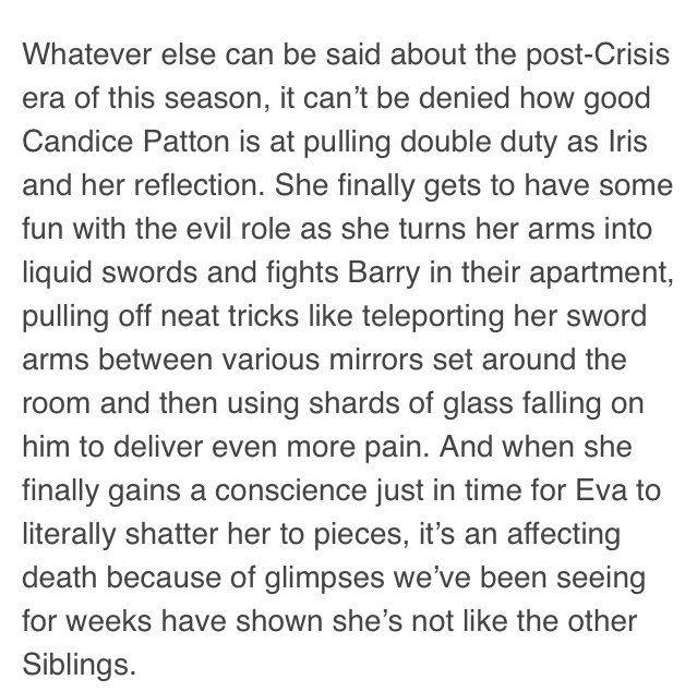 “it can’t be denied how good Candice Patton is at pulling double duty as Iris and her reflection.” Candice was absolutely phenomenal as her portrayal in the dual role. With season 7 I hope that she has the opportunity to play another version of Iris as well  #TheFlash  @ewrote
