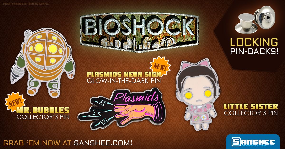Behold! A bevy of beautiful new #bioshock pins to bandy about on your bags! Or anywhere else you'd like really. That's right, you've seen our little sister, and now our new Mr. Bubbles and Glow-in-the-dark Plasmid Neon Sign Pins have joined the party!

💉bit.ly/3bPmuxu