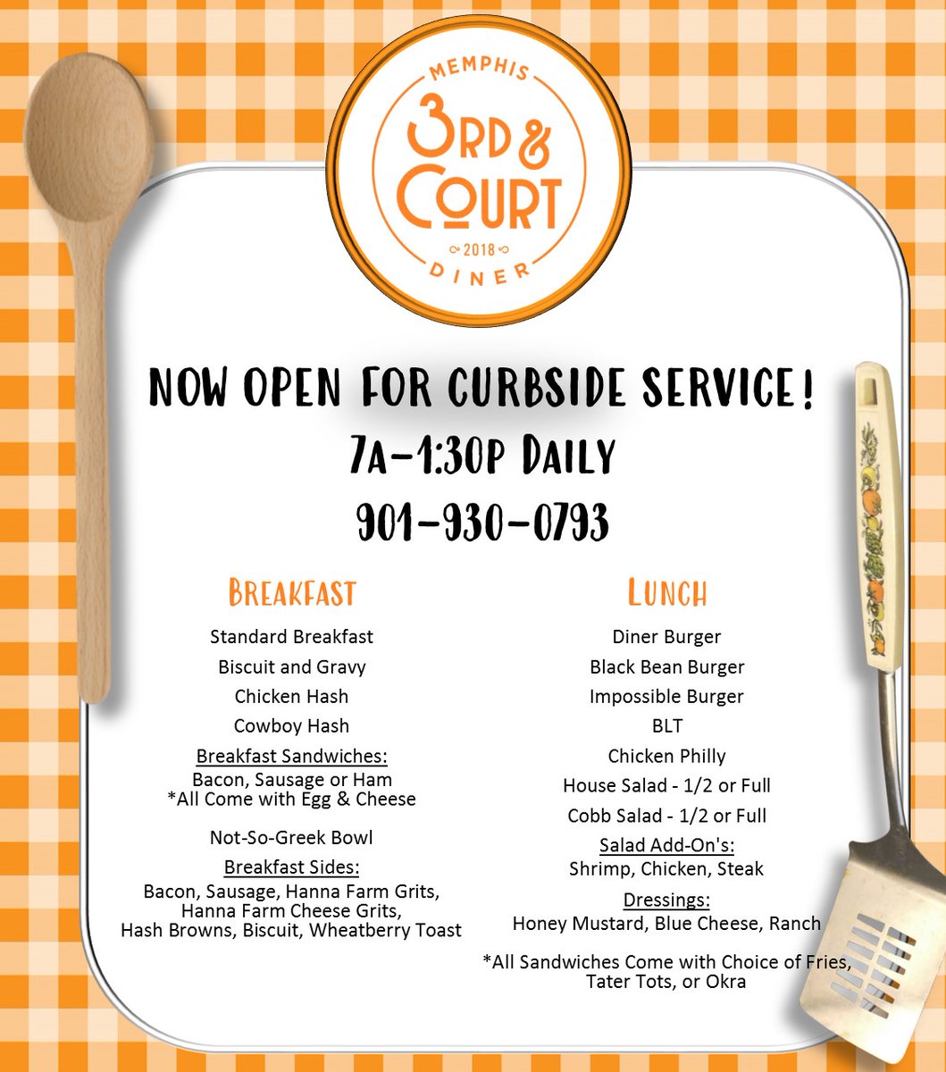 Our onsite restaurant, 3rd &amp; Court Diner, is now open for curbside service daily from 7a-1:30p! Call 901-930-0793 to place your order! #downtownmemphis #curbsidepickup #breakfast #lunch