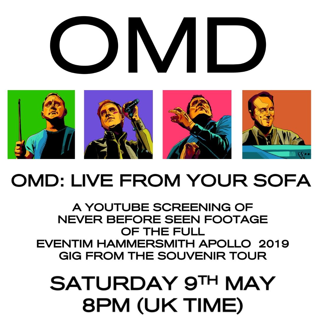 We are really excited to announce OMD: Live From Your Sofa!

This is an online gig featuring never before seen footage of the whole of last year's Hammersmith Apollo show.

The footage will premiere at 8pm (UK time) on YouTube on Sat 9th May. More info: omd.uk.com/news/omd-live-…