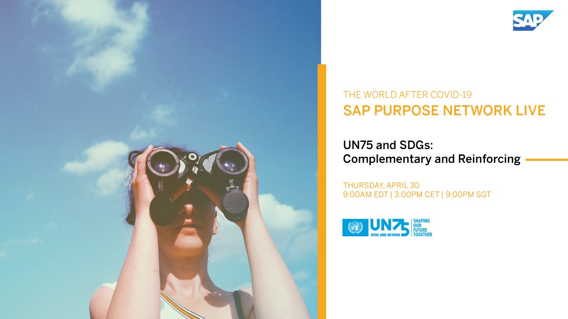 JoinUN75's tweet image. We are so grateful to be joining @SAPNextGen&apos;s #SAPPurposeNetwork Live for our second session: “#UN75 and SDGs: Complementary and Reinforcing.&quot;

Watch LIVE at 9AM (ET) tomorrow (April 30): bit.ly/SAPNLregister