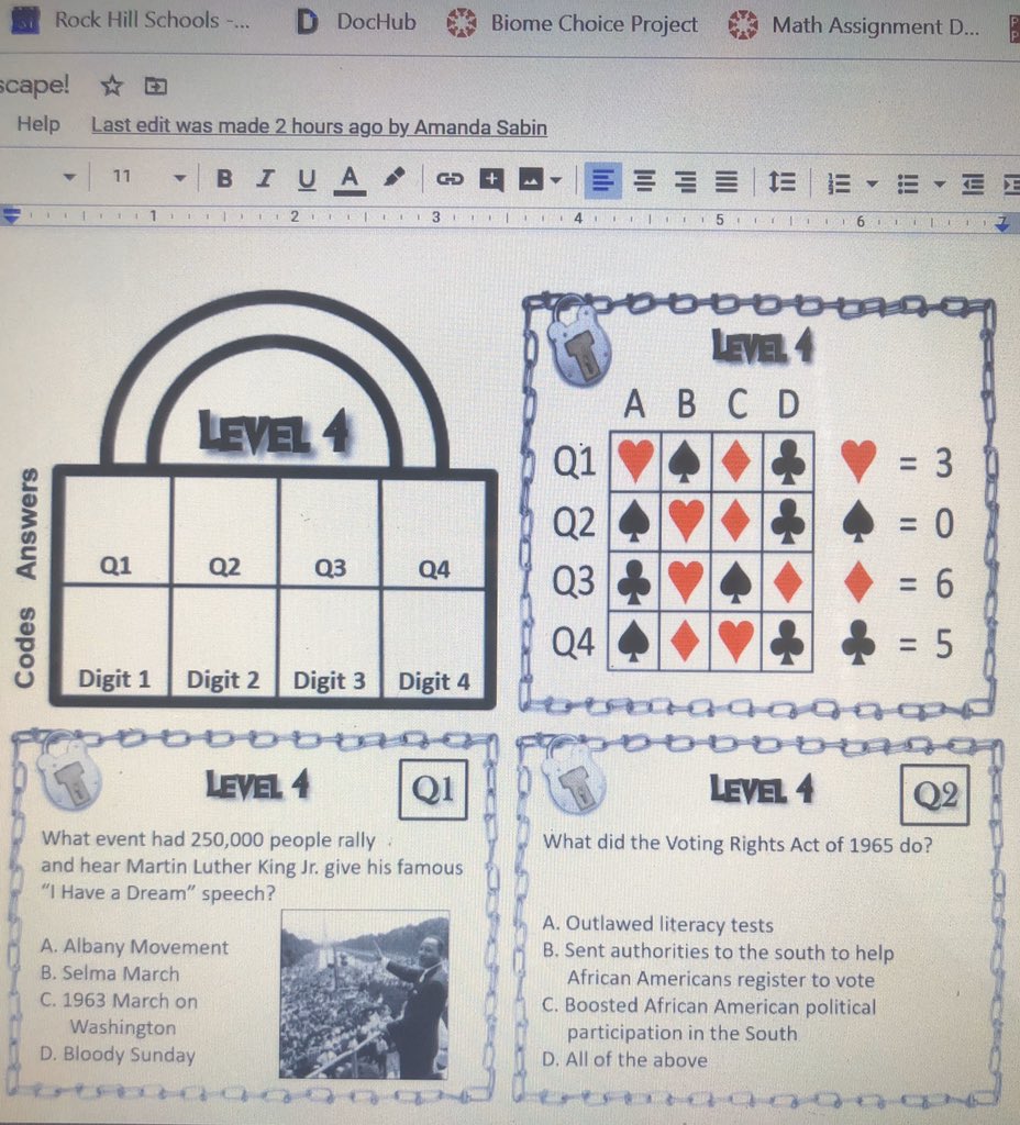 eLearning Escape Room for the win! To finish up our Civil Rights unit, our virtual escape room was a hit! #learningisfun Thank you <a href="/bchiverswhite/">Bianca Chivers-White</a> for helping us escape🙌 <a href="/OldPointeElem/">Old Pointe Elem</a> #OneTeamOneMissionOneRockHill