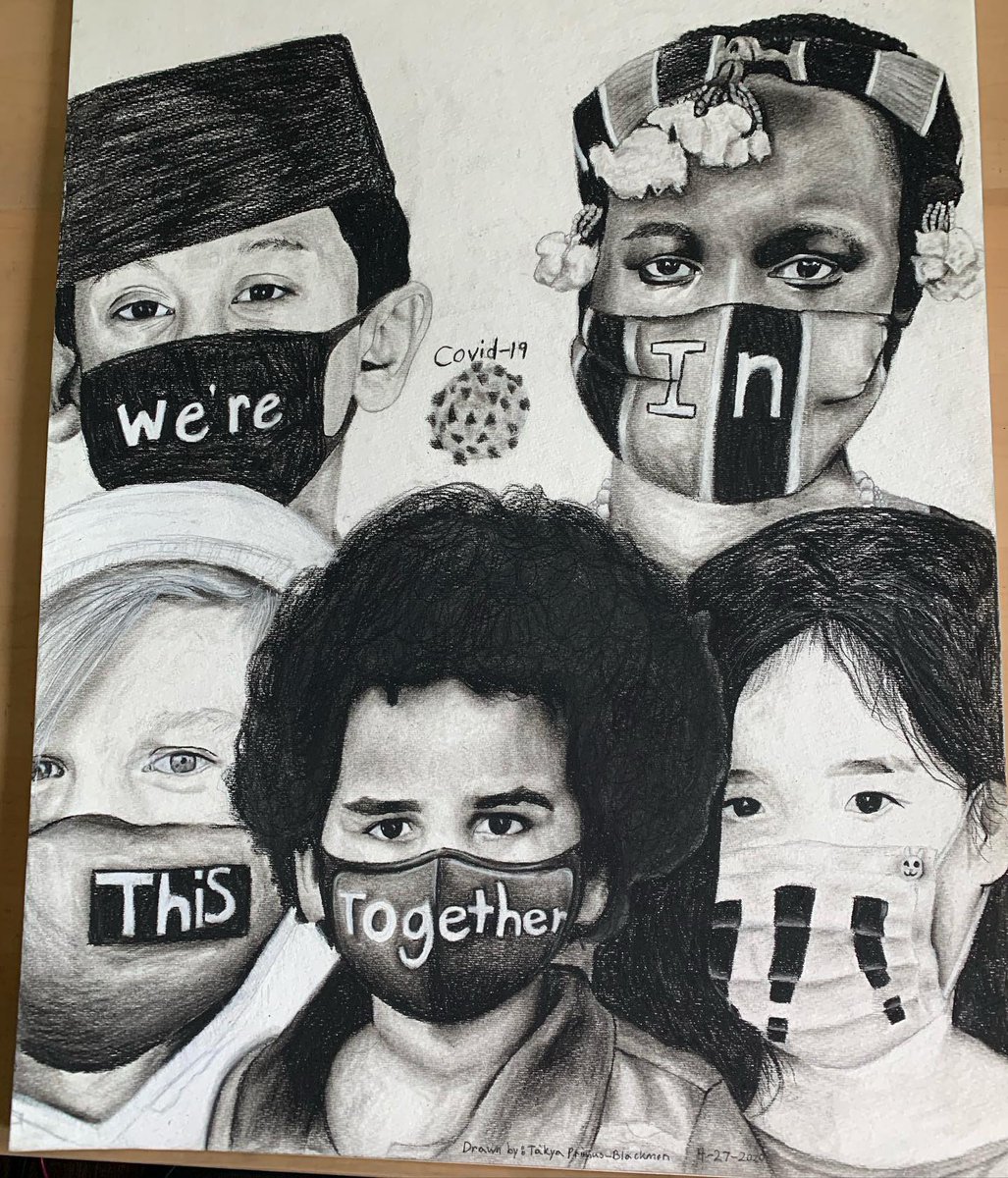 GovMikeDeWine's tweet photo. .@akronschools is asking students to express their experiences and feelings with art or poetry. Takya Primus-Blackmon, an 8th grader at Paul Litchfield Community Learning Center, created this drawing. She is right- we are #InThisTogetherOhio! https://t.co/7wltI8Tbbe
