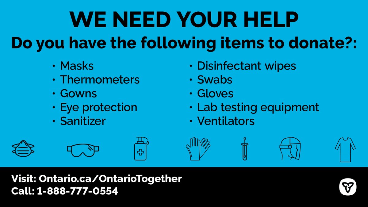 ONThealth's tweet photo. Show your #OntarioSpirit and come together to support our frontline workers! Please donate #PPE supplies and goods. https://t.co/2v11pb5EDg will direct your contributions immediately to the frontline. Protect those that care for you. #COVID19ON #StrongerTogether https://t.co/rXhpkuwdyR
