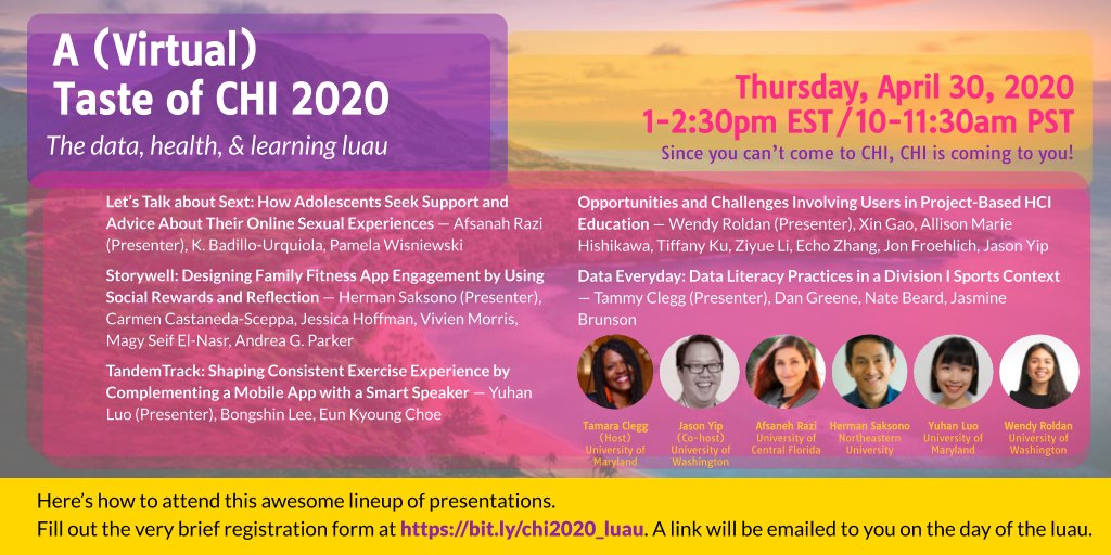 tlclegg's tweet photo. Register @ https://t.co/Xd3trLCpWk by tonight to attend our #CHI2020 virtual talks! Looking forward to a great set of talks on health/wellness, children/families, &amp; education and HCI - Thurs 4/30, 1pm EST @jasoncyip @hermansaksono @_wendyroldan @Afsaneh_Razi @WellnessTechLab https://t.co/X6bRKxI3DT