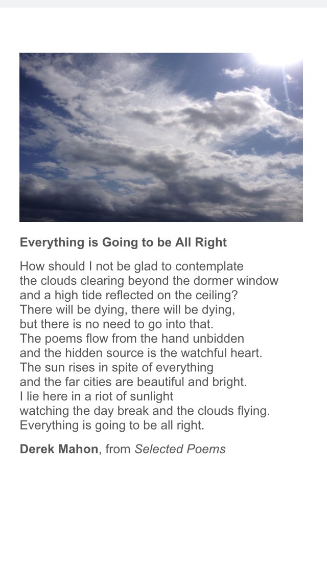 SeniorEnglishC1's tweet photo. Poem of the Day is "Everything is Going to be All Right" by Derek Mahon. #literarylifesupport #practicalpoetry https://t.co/htVBsecynA