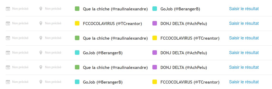 Poule C :
- Que la chiche (<a href="/raulinalexandre/">Alex-R</a>)
- GoJob (<a href="/BerangerB/">Derek</a>)
- FCCOCOLAVIRUS (<a href="/TCreantor/">Thomas</a>)
- DONJ DELTA (<a href="/AchPelu/">le M🌍</a>)

Matchs :