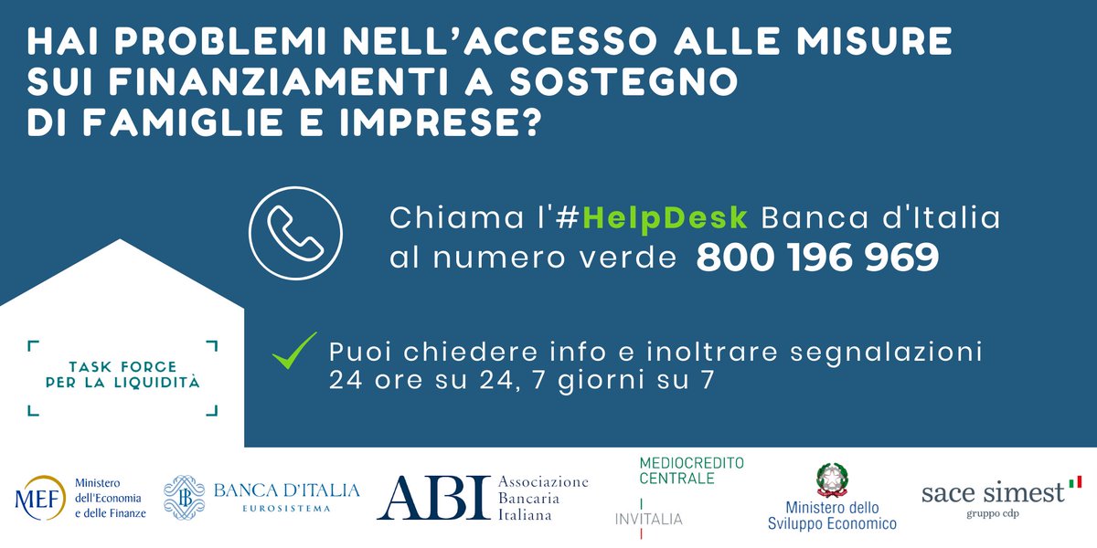 bancaditalia's tweet photo. Hai bisogno di chiarimenti o hai avuto problemi nell‘accesso alle misure per #famiglie e #imprese, come moratoria #mutui o #credito #PMI? Chiama l’#HelpDesk #Bankitalia, ti ricontatteremo in 24 h. Più info qui: https://t.co/1yt4FuXinh #CuraItalia #Liquidità #PMI #IoRestoaCasa https://t.co/yPOdlUCZj2