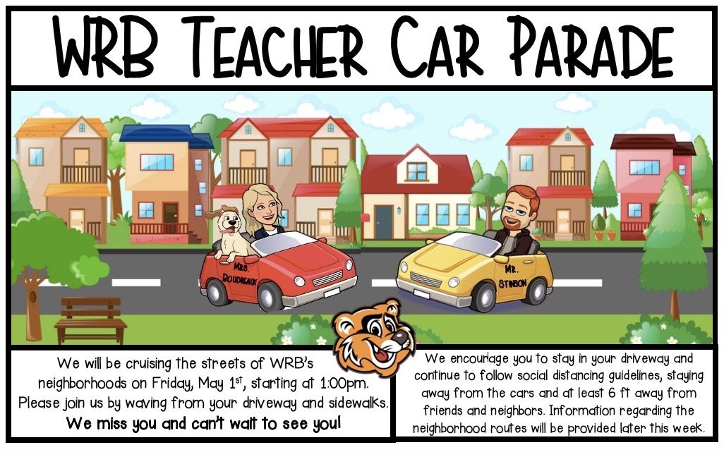 KStinson603's tweet photo. Teacher Car Parade @wrbschool Friday May 1 at 1 pm. Parade map available if requested. @MrsBoudreauxWRB
Desfile de autos para maestros @wrbschool Viernes 1 de mayo a la 1 pm. Mapa de desfiles disponible si se solicita.
#WRBTogetherWhileApart https://t.co/AMKX95FtaW