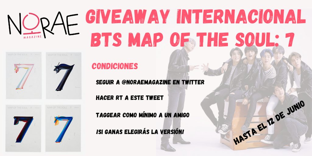noraemagazine's tweet photo. 🚨 ¡SORTEO! 🚨 #GIVEAWAY de 1 ejemplar a elegir de MAP OF THE SOUL: 7 para animar a ARMY durante estas fechas 💜💪🏻 Diremos el ganador o ganadora el 13 de junio, por el 7º aniversario de #BTS!
Para participar:
- Sigue a @noraemagazine
- Haz RT a este tuit
- Taggea a un amigo o más https://t.co/1ap1DIgy7t
