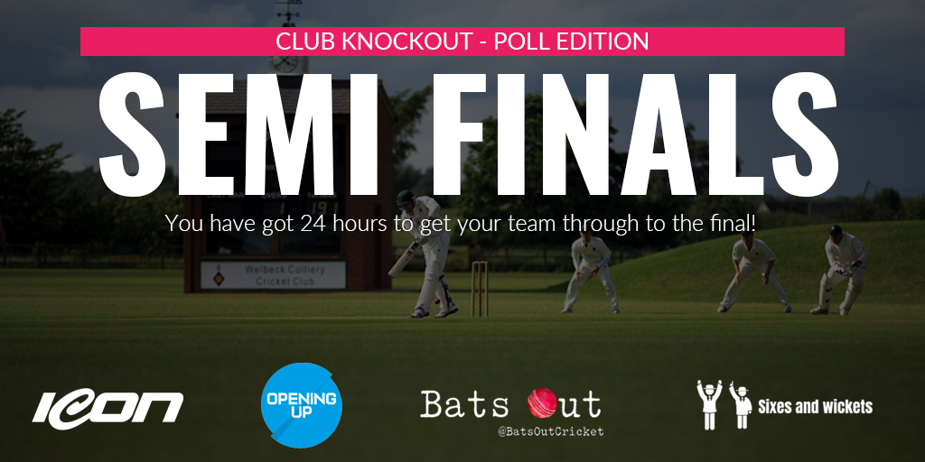 SixesANDwickets's tweet photo. And we are live!

The #SixesandWicketsKO - Semi-Finals are underway!

From 128 teams, only 4 remain! 

You have got 24 hours to make sure your favourite club gets the most votes and makes it into the finals! https://t.co/OUzfbp7c2s