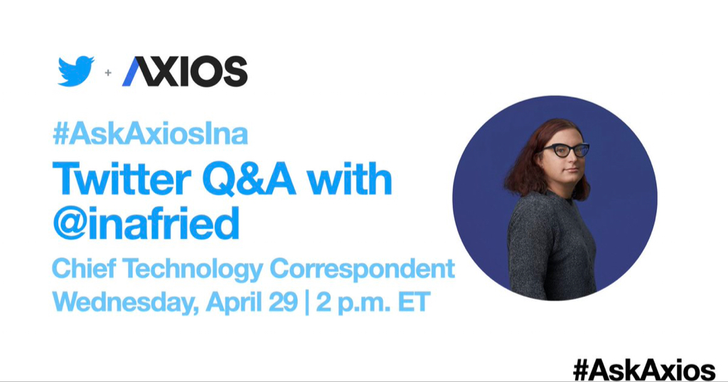 inafried's tweet photo. 15 minutes to go. You can send your questions now. Happy to talk COVID-19 and itβs impact on tech, LGBTQI issues, sports, LEGO etc #askaxiosina https://t.co/oPcrlbbUCb