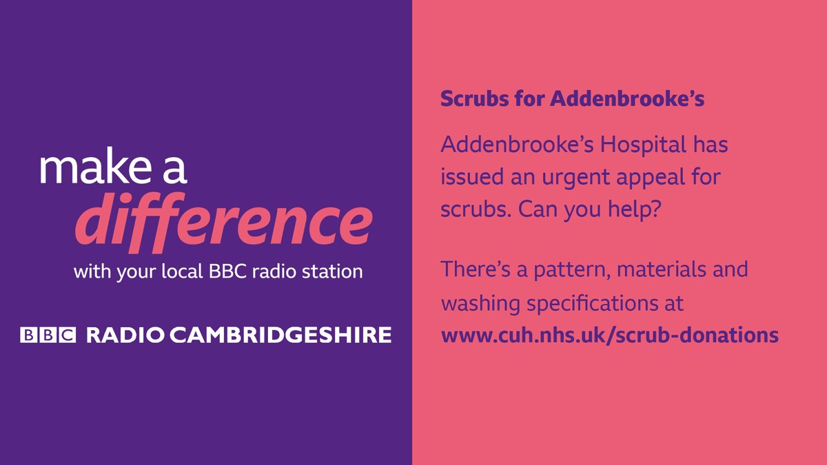 BBCCambs's tweet photo. There's been a terrific response to @CUH_NHS appeal for scrubs but they still need sets in medium and large sizes.

Can you help?

#BBCMakeADifference 

https://t.co/iRY3Jpo5Ck https://t.co/T236NyTDV9