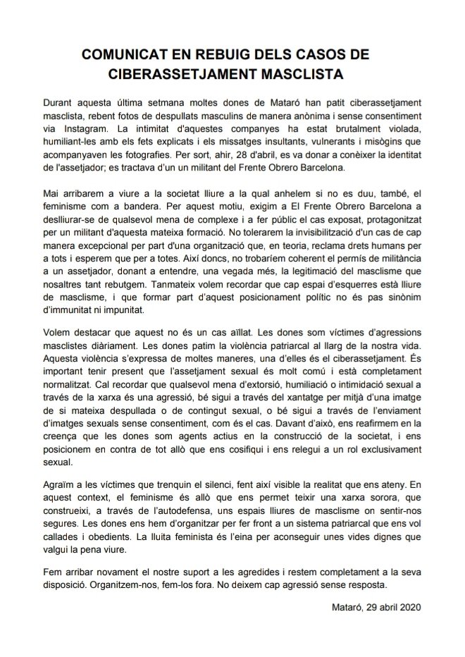 📢 Comunicat del moviment feminista de #Mataró, en rebuig als casos de ciberassetjament masclista. Cap agressió masclista sense resposta!

@Vaga8MMataro <a href="/MrsmeFeminista/">Maresme Feminista♀</a>