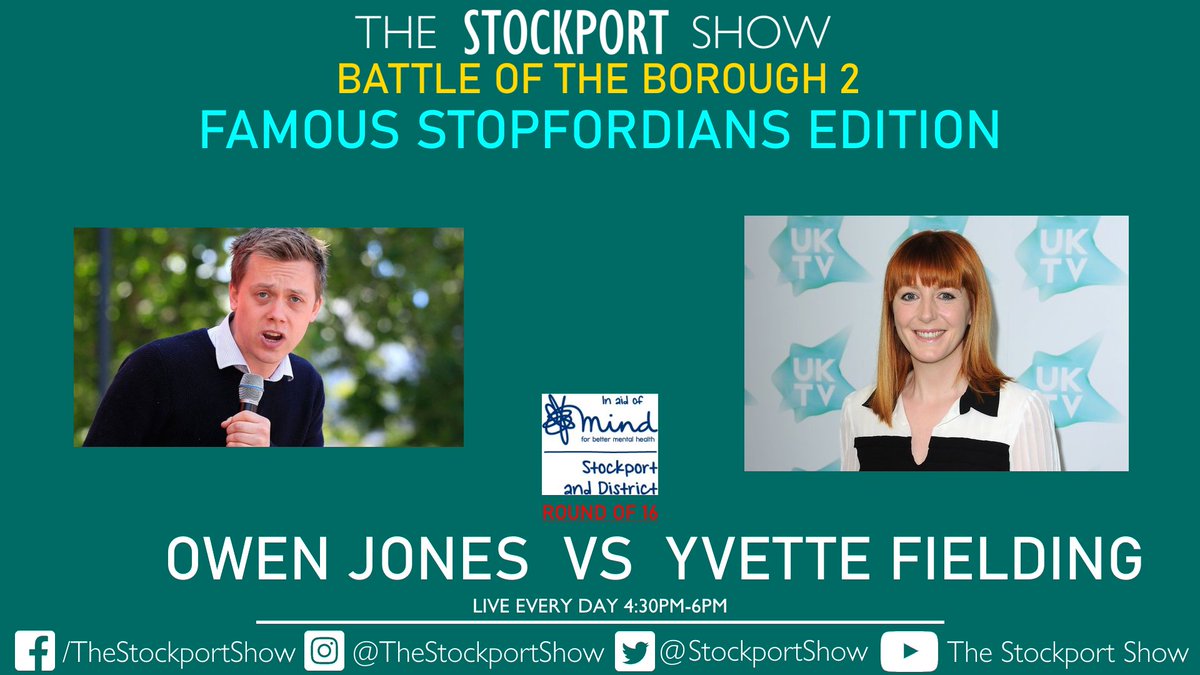 ✅VOTING NOW OPEN✅

🏆The Battle of #Stockport Borough 2🏆
🎩Famous Stopfordians Edition🎩
Rd of 16 - Match 8

<a href="/OwenJones84/">owenjones84</a> vs <a href="/Yfielding/">Yvette Fielding</a> 

VOTE
Twitter - x.com/StockportShow/…
Facebook - facebook.com/TheStockportSh…

In aid of <a href="/stockportmind/">Stockport Mind</a> - DONATE
justgiving.com/fundraising/ba…