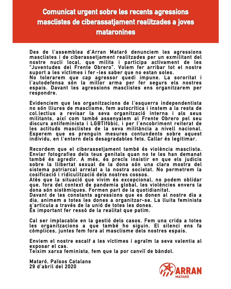 L'assemblea d'<a href="/arran__mataro/">Arran Mataró</a> també ha publicat el seu comunicat denunciant les agressions.

#AutodefensaFeminista