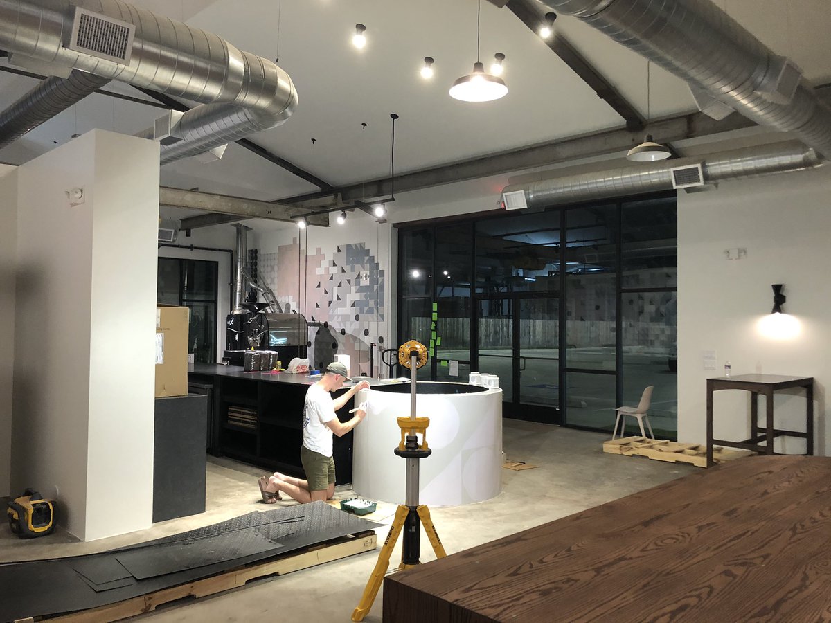 flywheelco's tweet image. Getting some late night painting in at Tenfold Coffee.  We designed and mapped out some elements from the tile in the new cafe then hand painted it on their planter centerpiece. Getting so close!  Vinyl next! 
- 
-
-
#branding #houstonbranding #houstondesign #houstonagency