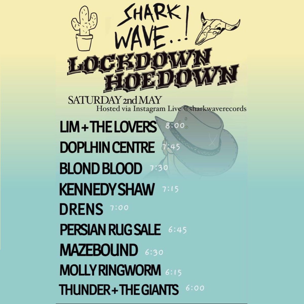 ROUND TWO! This Saturday is week two of our weekly live stream on Instagram Live.
Shark Wave: Lockdown Hoedown🤠
Saturday 6pm GMT, do not miss these great bands and artists!🤟