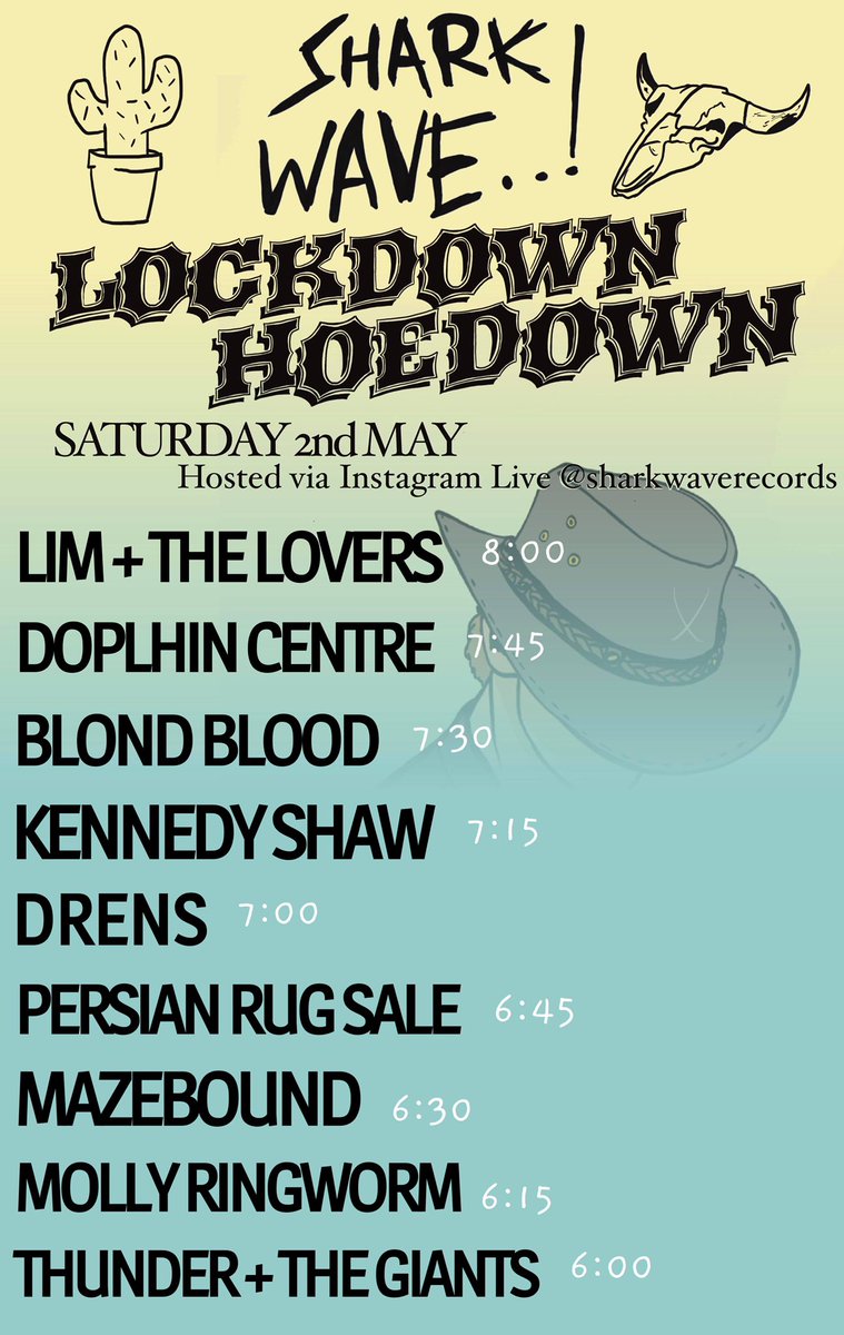 We’re back on this Saturdays @sharkwaverecords Instagram Live with some great people at 6pm GM.
Shark Wave: Lockdown Hoedown🤠