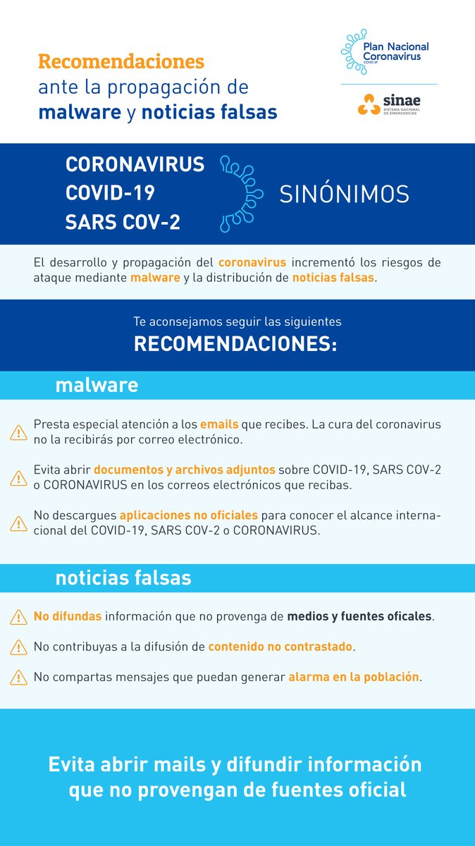 En el contexto de la emergencia por #coronavirus es importante cuidarnos de posibles noticias falsas y ciberataques que buscan instalar malware y robar contraseñas. En tal sentido compartimos algunas recomendaciones: