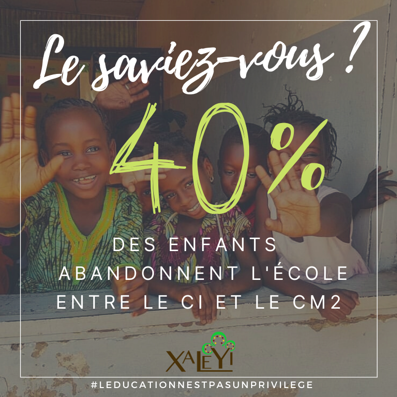 Xaleyi_Asso's tweet photo. LE SAVIEZ-VOUS ? 💡
Au Sénégal, 40 % des élèves abandonnent l'école entre le CI et le CM2.
Un chiffre alarmant qui peut être expliqué par l'échec scolaire ou le manque de moyens des parents.
*Source : rapport UNESCO 2017
#Léducationnestpasunprivilège https://t.co/vVAN09BKG7