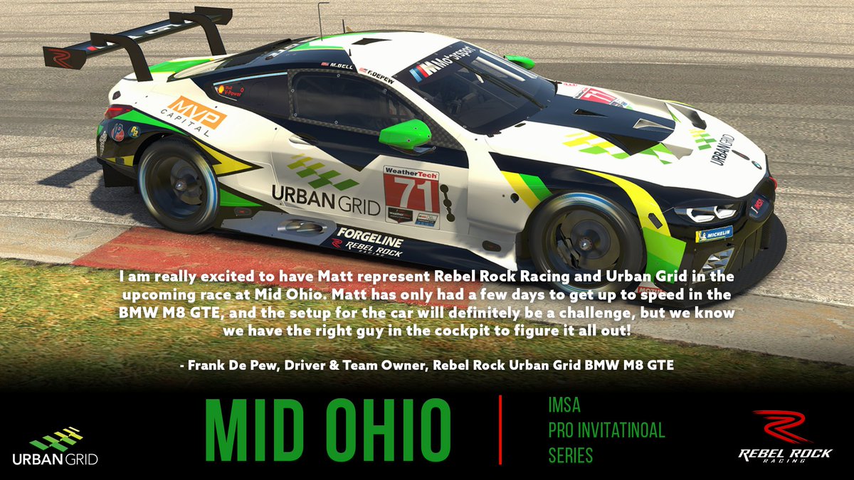Though our boss <a href="/FrankDePew/">Frank DePew</a> is keen to jump into the <a href="/Urban_Grid/">Urban Grid Solar</a> BMW M8 GTE tomorrow, he knows the car is in good hands with <a href="/MBellRacing/">Matt Bell</a>. Watch the @HagertyPresents <a href="/IMSA/">IMSA</a> <a href="/iRacing/">iRacing</a> at <a href="/Mid_Ohio/">Mid-Ohio</a> on Thurs at 6:00PM EST. Watch it all live on the <a href="/iRacing/">iRacing</a> Youtube &amp; Facebook channels.