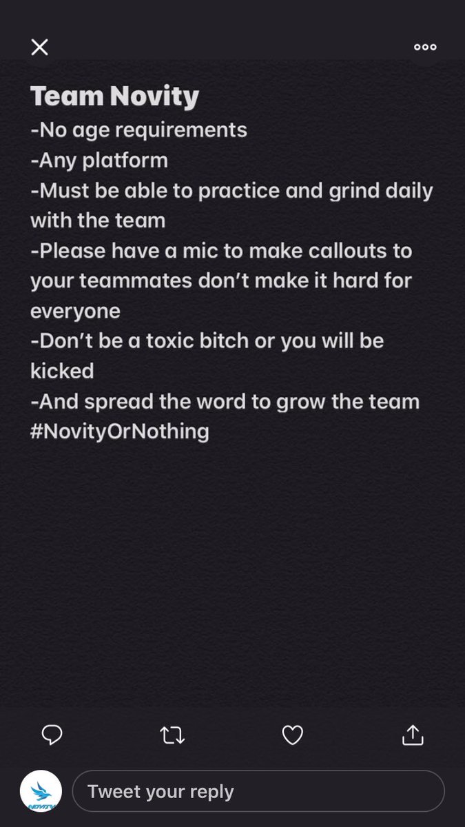 TeamNovity's tweet photo. #Seige players looking to join a fresh new seige team DM us 
We are looking for the following positions :
Streamers 
Content Creators
PC captain 
PS4 Captain 
Comp Players 
Casual Players 
Editors 
Artist @FindMeClan @TeamFinderNA #gaming #NovityOrNothing https://t.co/mP0bCHC7fX