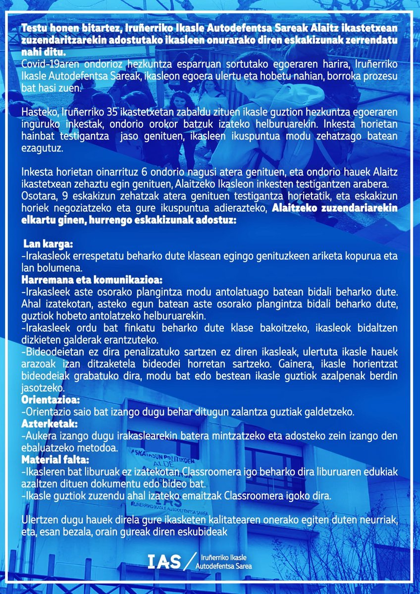 🚨 ADI!!
Gure aldarriak bete daitezen hainbat zuzendaritzekin kontaktuan jarri gara azken egunetan. 

Hemen Alaitz ikastetxean, ikasleon onurarako, zuzendariarekin adostu ditugun aldarrikapenak:👇

Autodefentsaz ikasle langileon baldintzak defendatu!✊✊✊✊