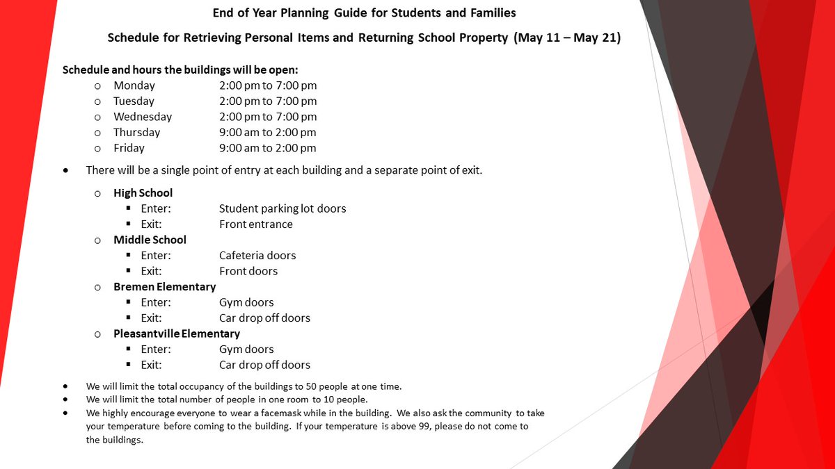 FULocalSchools's tweet photo. Please see our scheduled times for students and families to return school property and retrieve personal items from school buildings.  Students should complete all work before returning Chromebooks.  All information has been sent to student email accounts. https://t.co/EnSzZJatw7