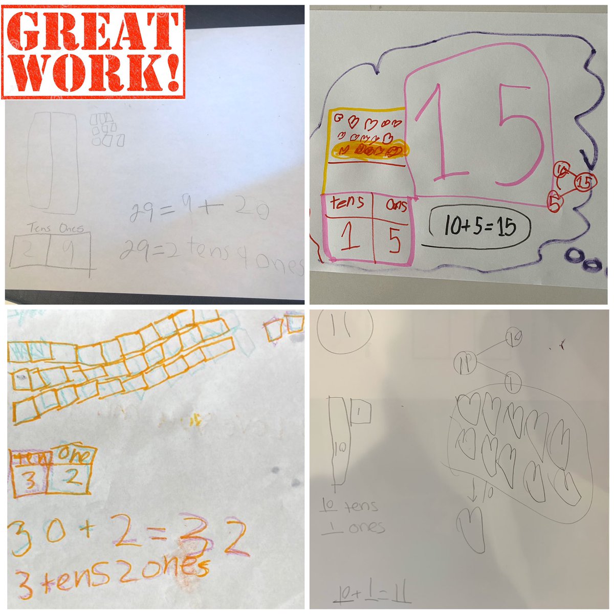 First graders modeling numbers using number bonds, base ten blocks, place value charts, number sentences, etc.  ❤️🧮