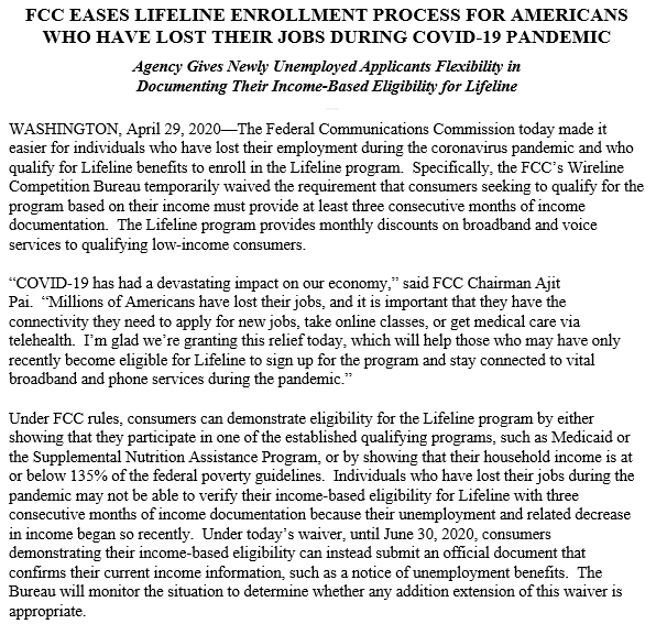 TinaPelkeyDC's tweet photo. NEW: @FCC has waived a rule to its Lifeline program to make it easier for individuals who have lost their jobs during #COVID19 to enroll. https://t.co/F5ZRA2Qht2