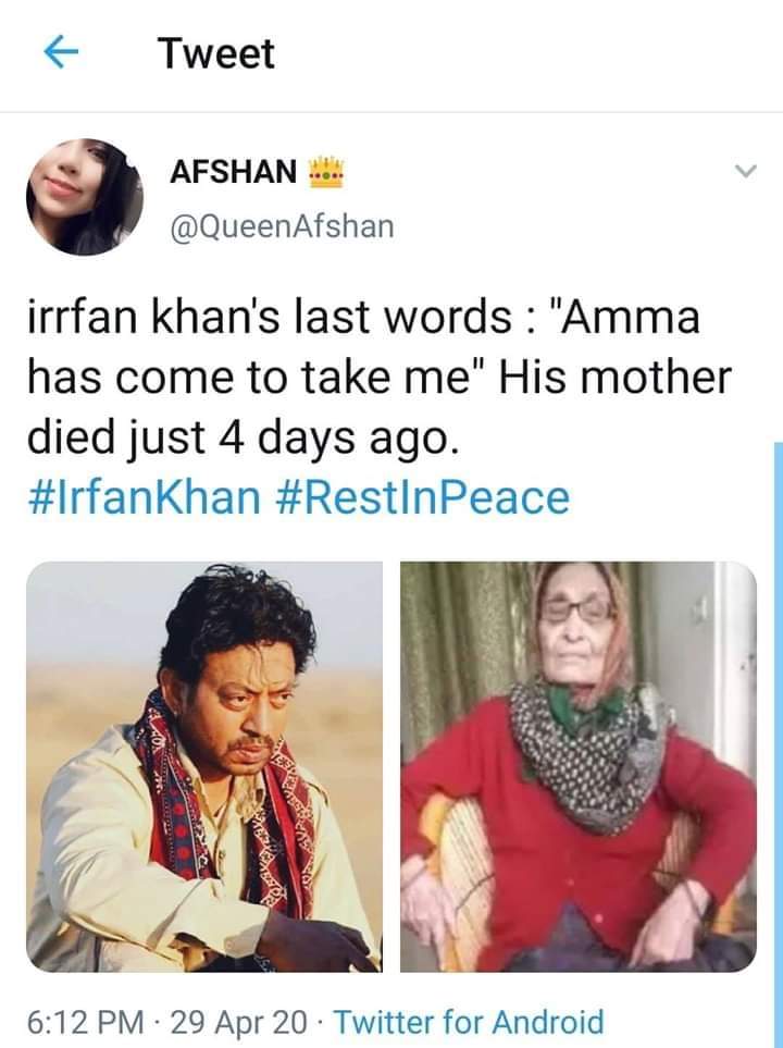 'Amma has come to take me' Rest in peace #IrfanKhan #RIPLegend